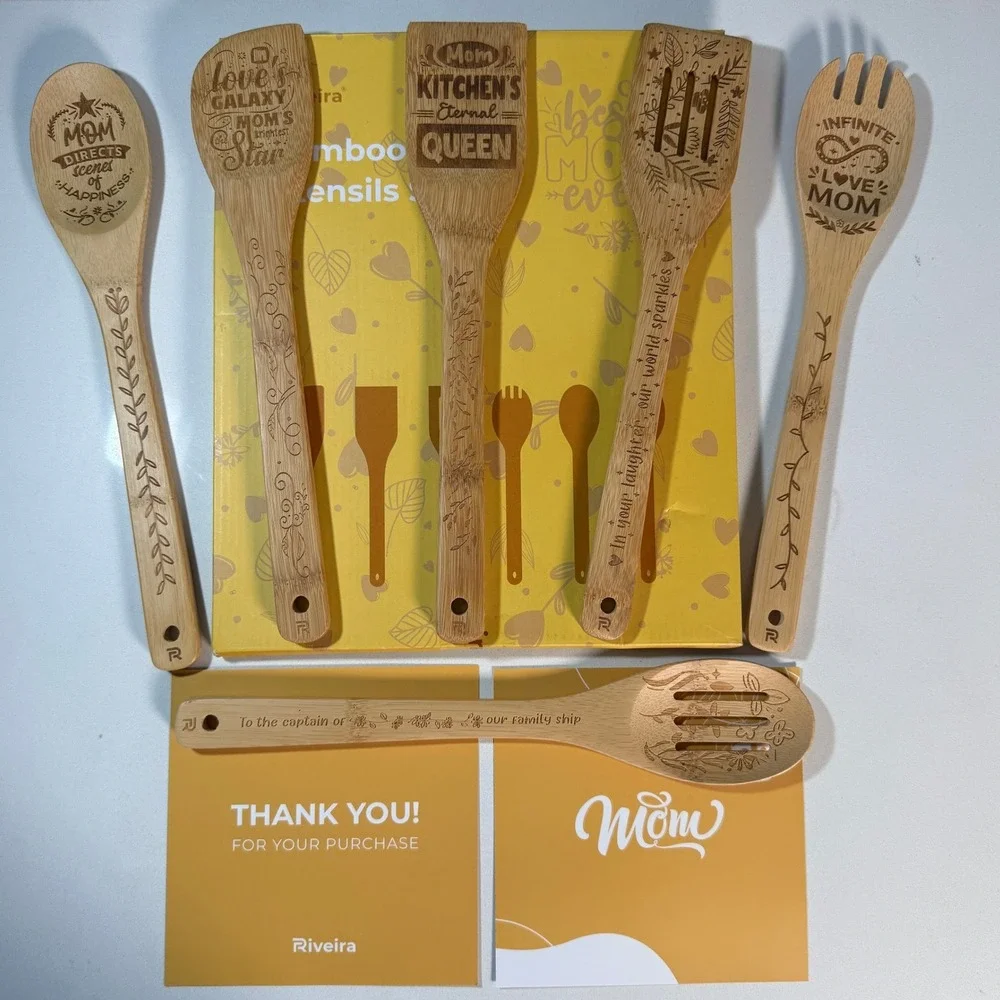 Riveira Bamboo Kitchen Utensils Spatulas Spoons‎ Set Mom Gift 6pc